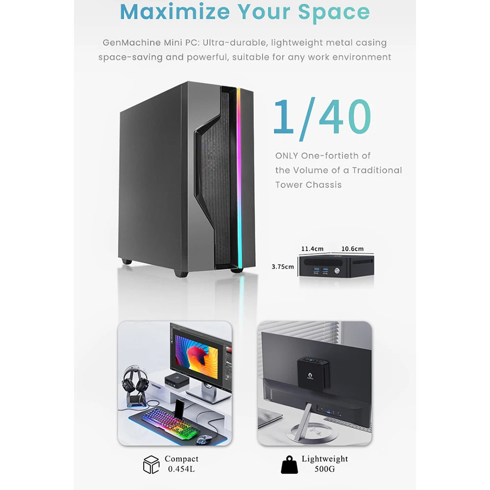 GenMachine Mini PC AMD Ryzen5 PRO 6800H Windows 11Pro 16GB LPDDR5 Dual Channel NVMe M.2 WIFI6 Desktop Office Computer pc gamer