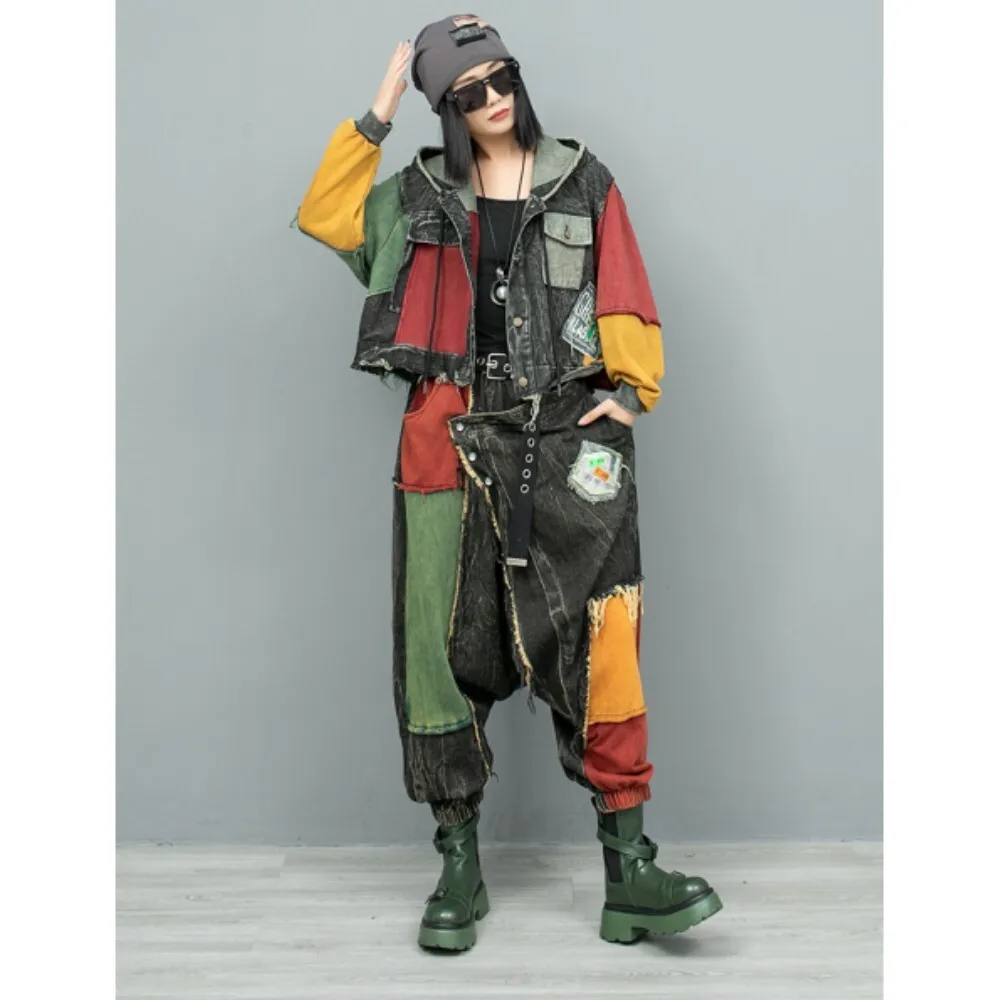 

Personalized Trendy Cool Denim Fashion Suit Women 2024 Autumn Color Blocking Splicing Hooded Jacket + Jeans Two Piece Set ZF252