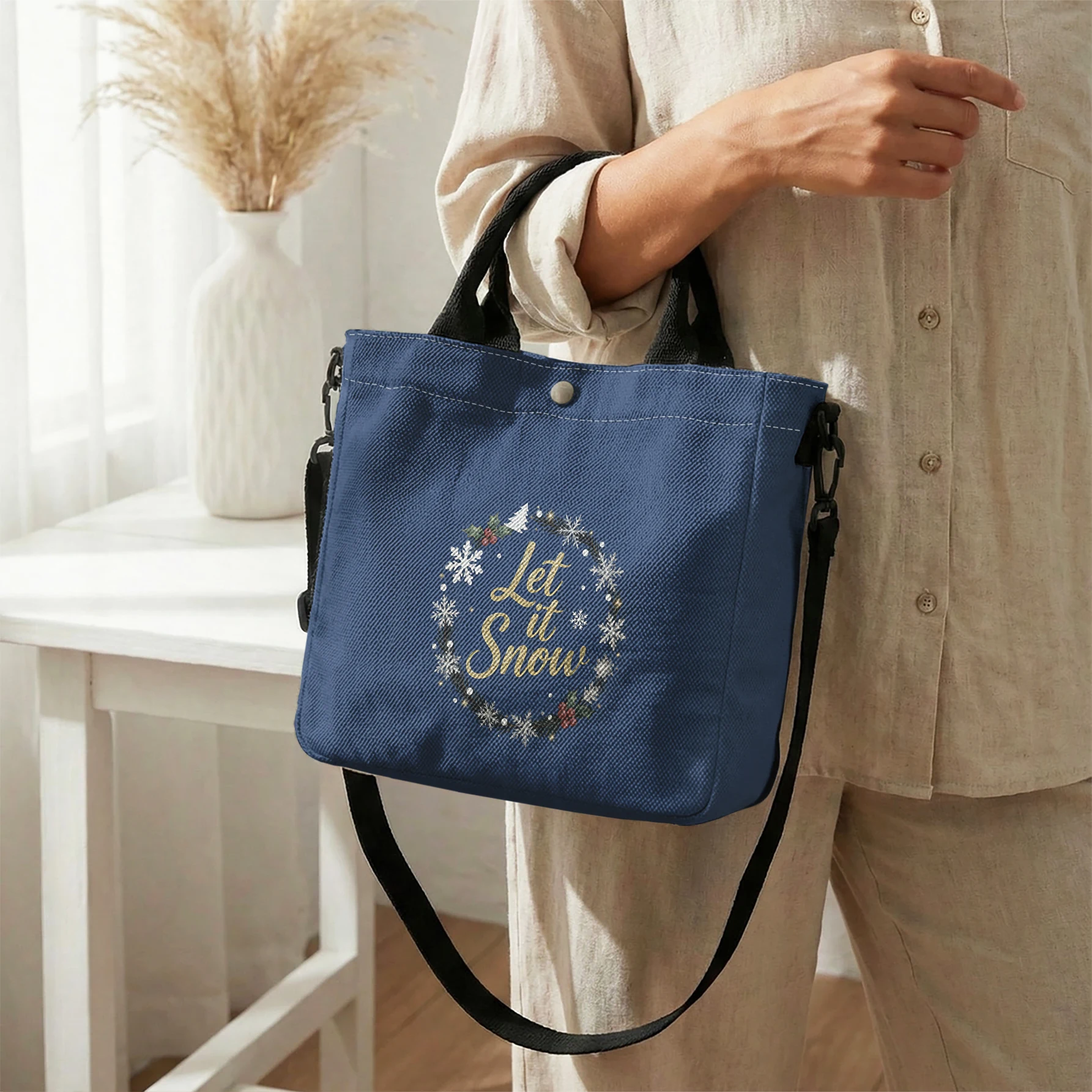 Let It Snow Snowflake Wreath Print Tote Bag, Detachable Strap Crossbody Handbag For Daily Work Shopping