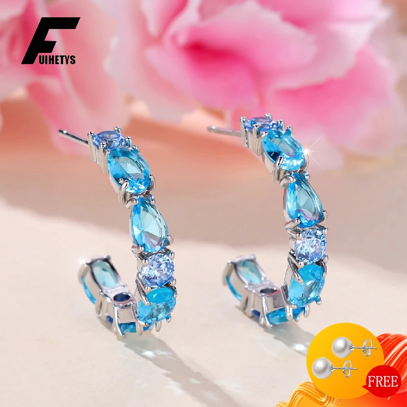 

FUIHETYS Korean Style Sapphire Earrings 925 Silver Jewelry for Women Wedding Party Engagement Bridal Gift Accessories Wholesale