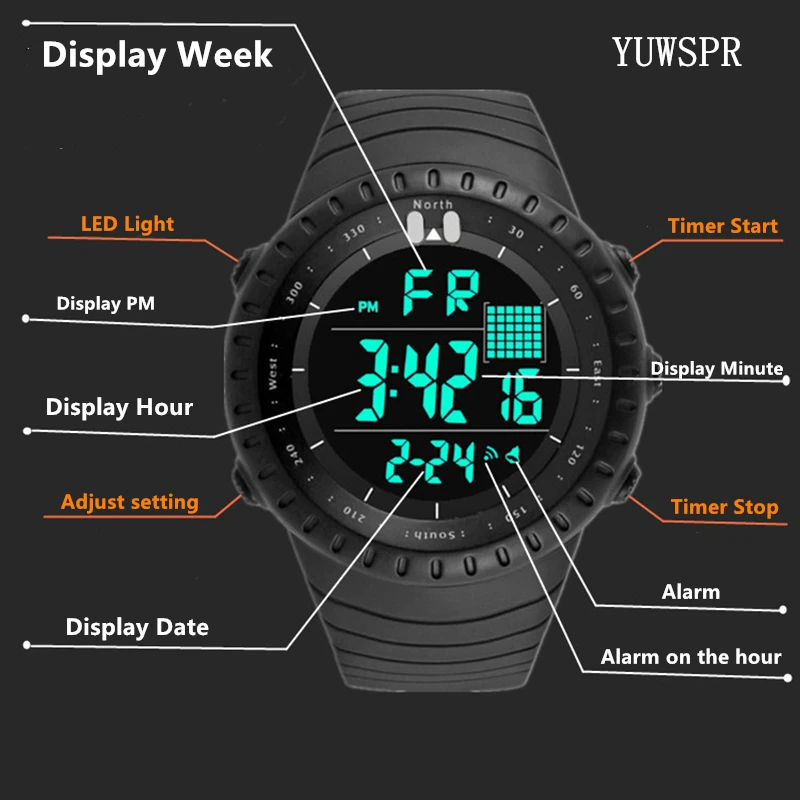 男性と女性のためのLEDデジタル時計,電子腕時計,ストップウォッチ,軍事,電子,学生,7005