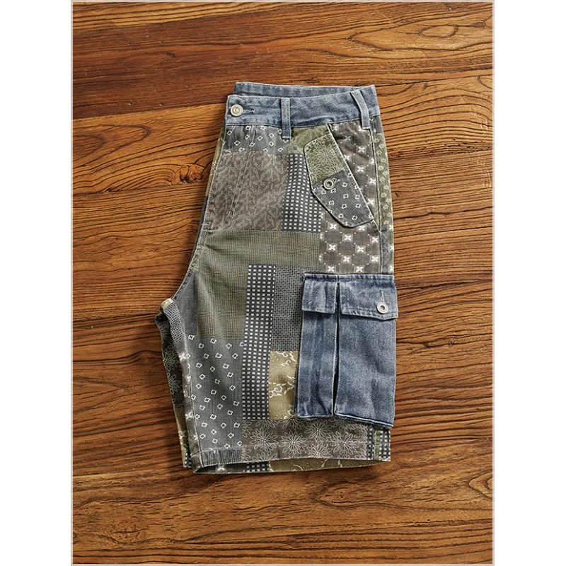 Cashew flower print workwear denim shorts men's loose summer distressed washed casual five quarter pants