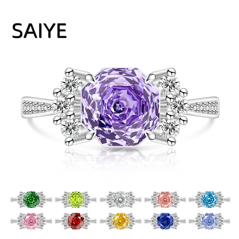 925 Sterling Silver Octagon Cut Multi‑Color Cubic Zirconia Ring for Women Rose‑Pattern CZ Gemstone Wedding Fine Jewelry Gift