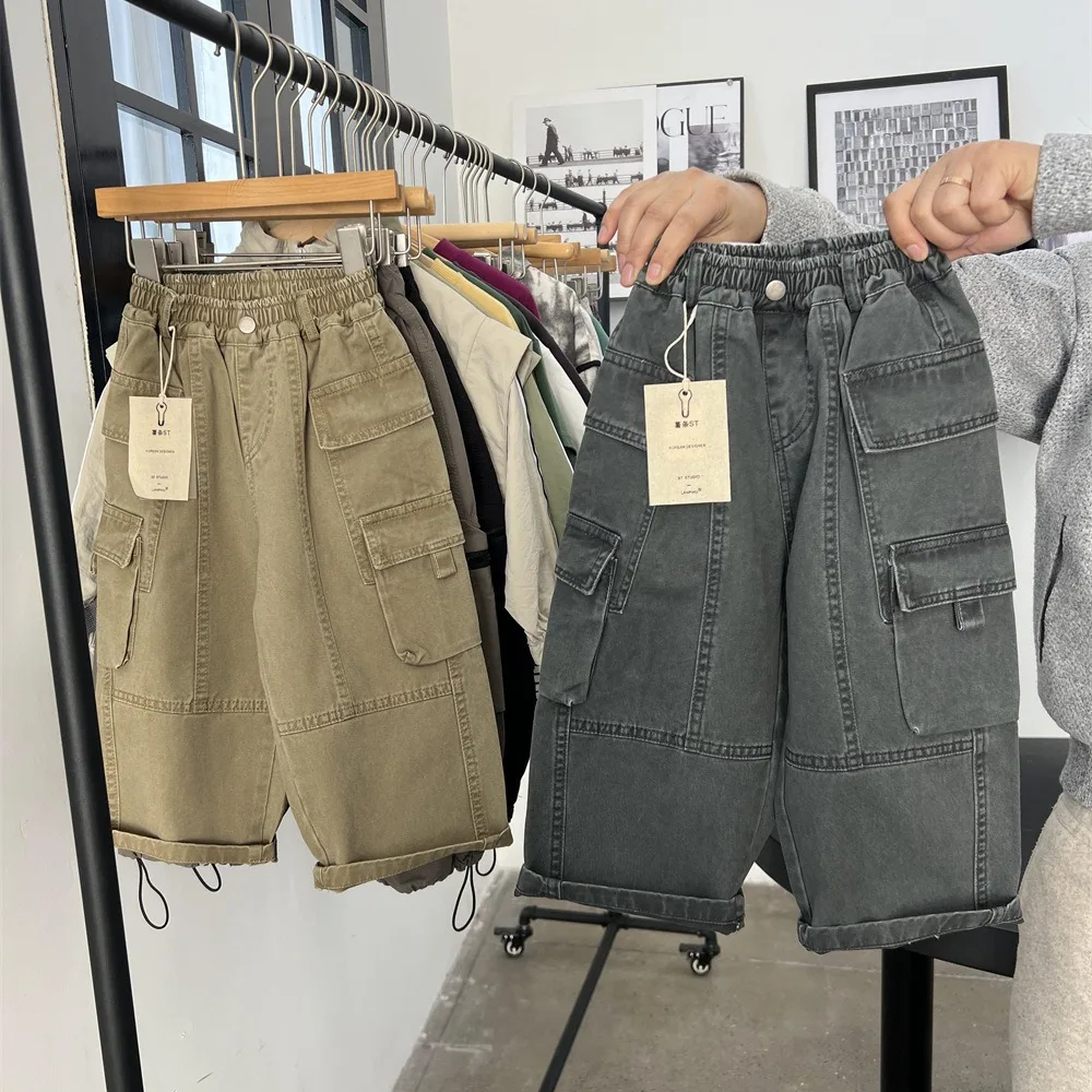 

Casual Work Pants Spring and Autumn All-match Fashion Multi Pocket Vintage Straight Pants Trend Kids Clothes