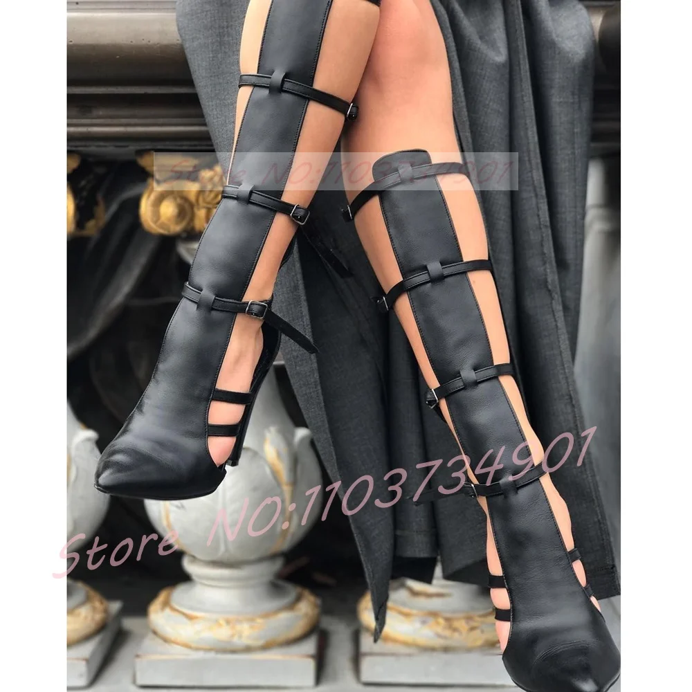 

Черные сандалии из лакированной кожи, женские сандалии-гладиаторы на высоком каблуке с пряжкой и ремешком, сандалии до колена с острым носком, женская пикантная обувь для вечеринок