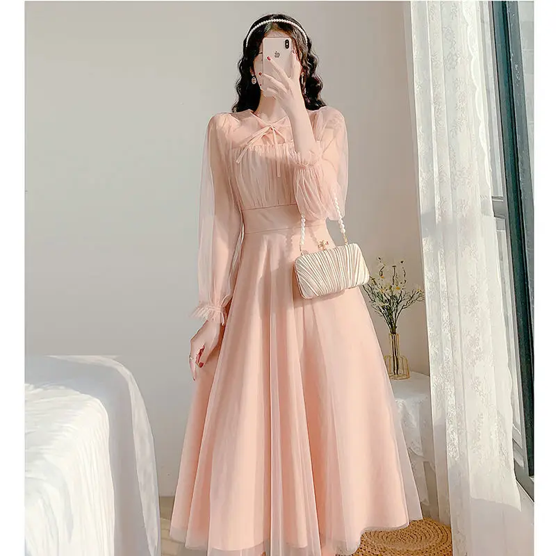 

Sweet Fairy Women Pink Mesh Long Dress Spring Summer New Perspective Long Sleeve Female Slim Gentle Wind Fashion Casual Dresses