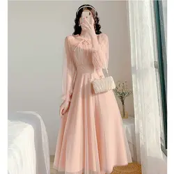 Sweet Fairy Women Pink Mesh Long Dress Spring Summer New Perspective Long Sleeve Female Slim Gentle Wind Fashion Casual Dresses