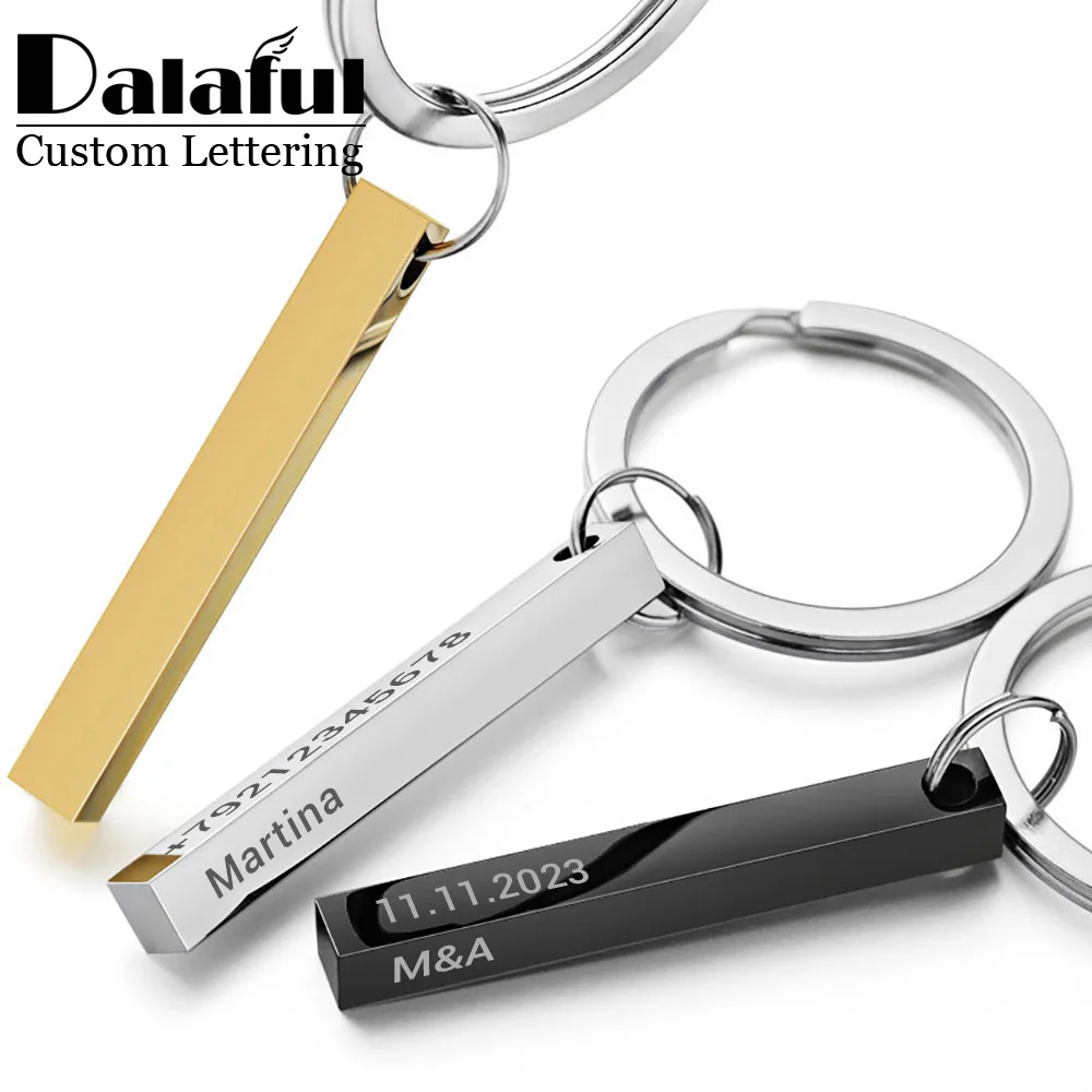 تخصيص سلاسل المفاتيح ثلاثية الأبعاد شريط الفولاذ المقاوم للصدأ Keyrings 4 الجانبين نقش النص اسم تاريخ شعار مخصص سلسلة مفاتيح خواتم الحب هدية P039