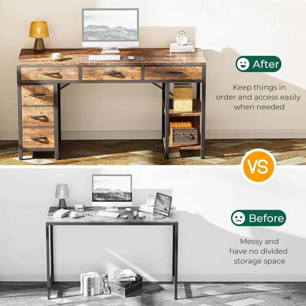 Mesa de computador com 6 gavetas, mesa de escritório de 47 polegadas com prateleiras, mesas de computadores