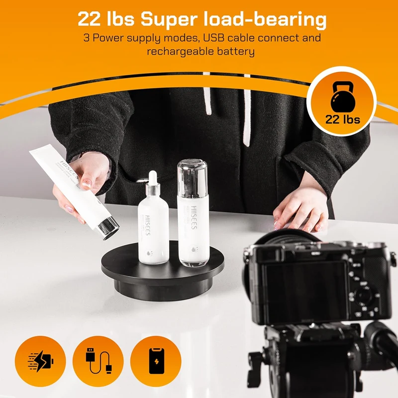 

USB/battery powered display stand for video shooting props jewelry shoes 3 speed 360° electric rotary turntable.Remotecontrolled