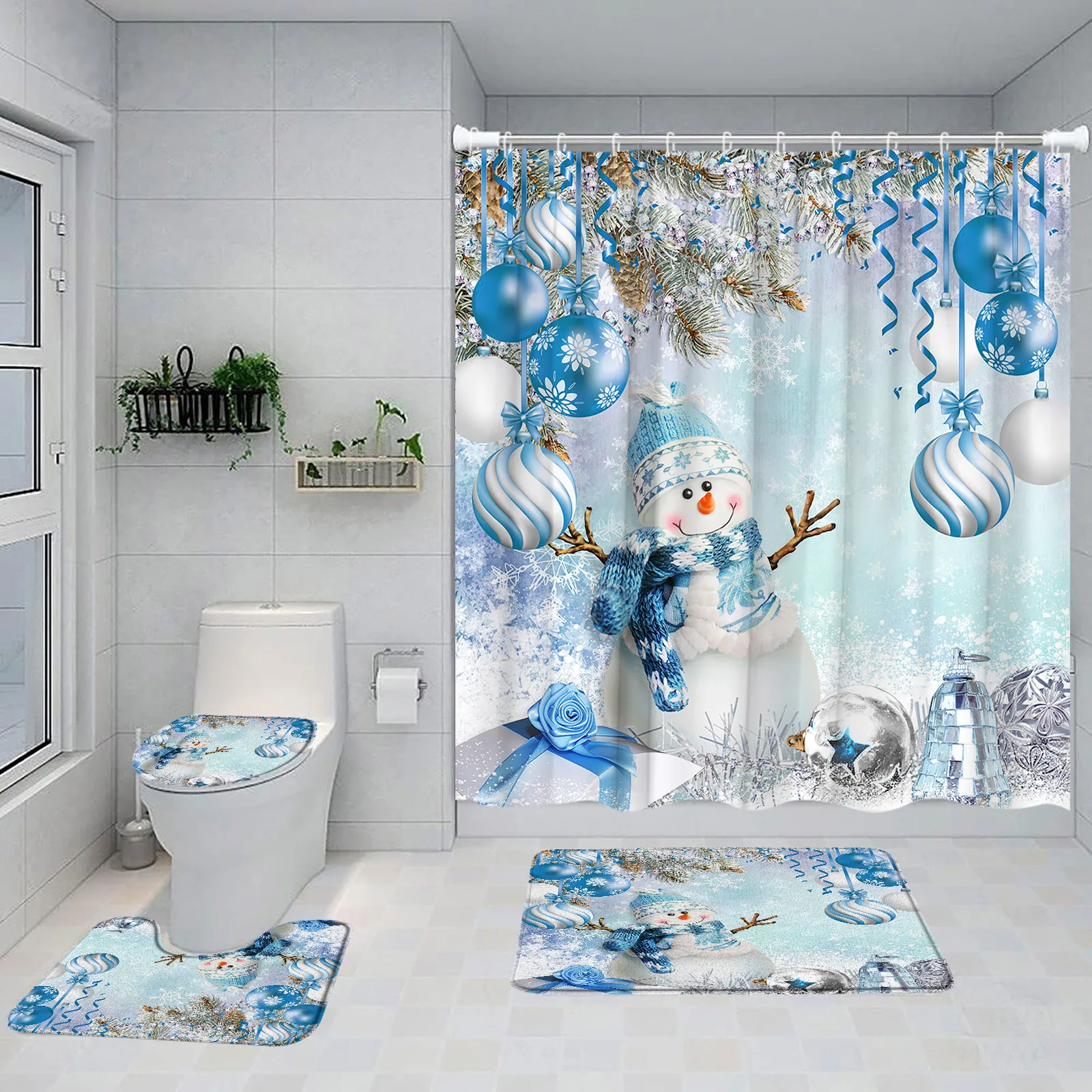 Christmas Shower Curtains Set Cute Snowman Blue Xmas Balls Fir Branches New Year Bathroom Decor Non-Slip Rug Bath Mat Toilet Lid