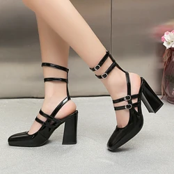 2024 Fashion Ladies Shoes Mary Janes Women's High Heels New Buckle Strap Office and Career Hot Sale Square Toe Toe Cap Sandals