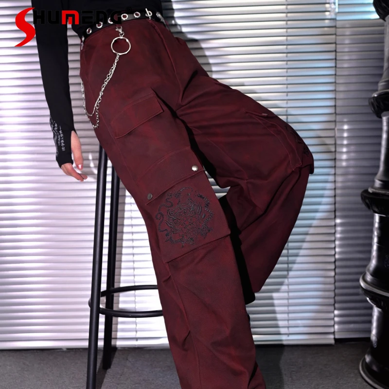 

Chinese Style Cool Dark Red Tie-Dye Cotton Jeans For Women's StreetwearLoose Wide-Leg Pants Long Zipper Denim Trousers Ladies