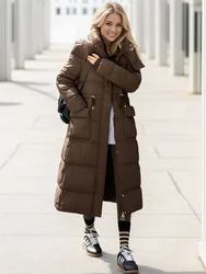 Thicken Winter Down Jacket Woman 2024 New Long Coat Hooded Big Pockets Zipper Waist Drawstring Warm Coat Woman Winter Overcoat