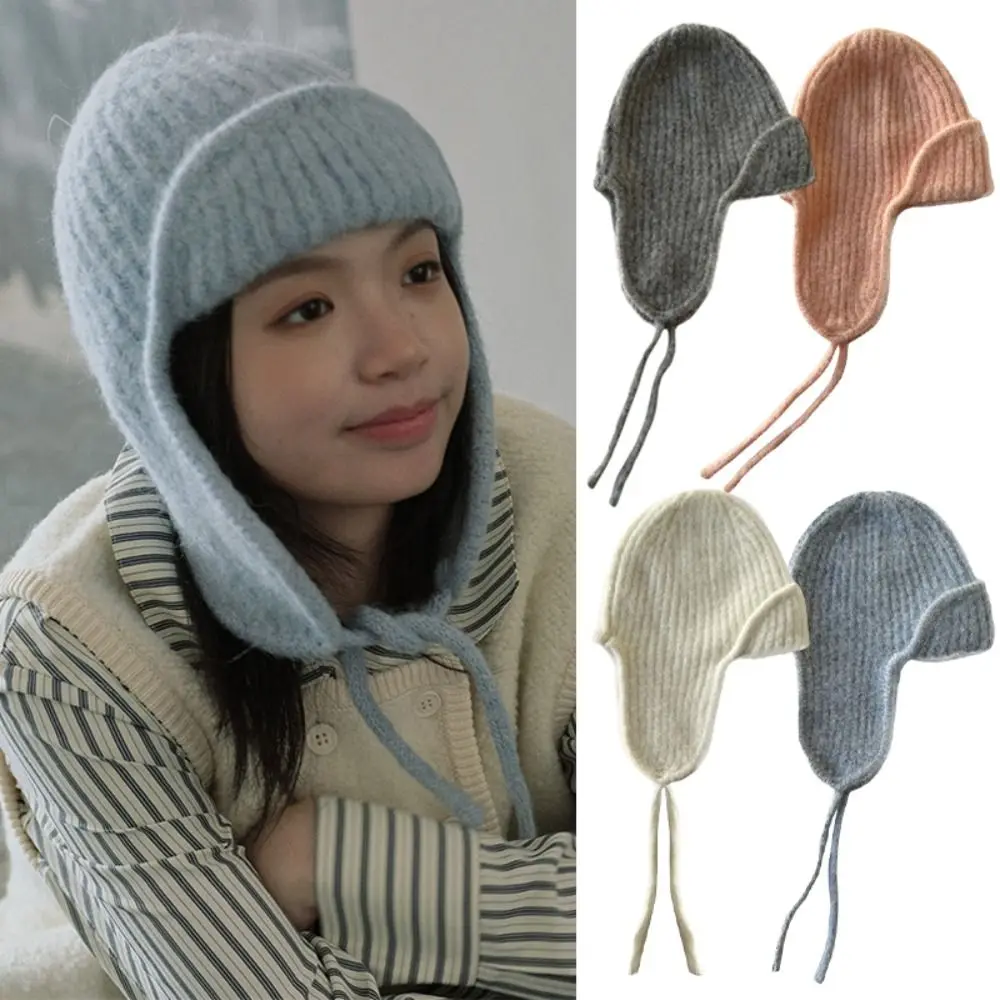 Fashion Warm Pilot Hat Soft Earmuff Winter Knitted Cap Lace-up Thickened Wool Blend Hat Ride Headgear