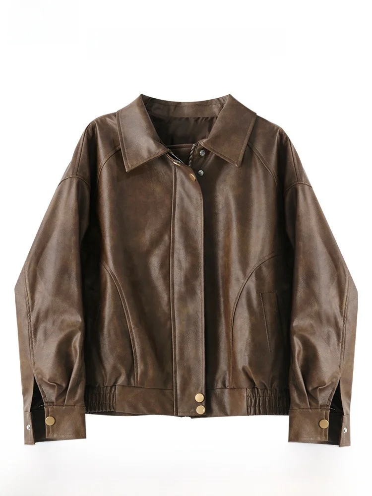 Brown Leather Jaet Women's Loose Motorcycle Sle ort Soft Leather Coat Vintage American Jaet Spring Autumn Outerwear