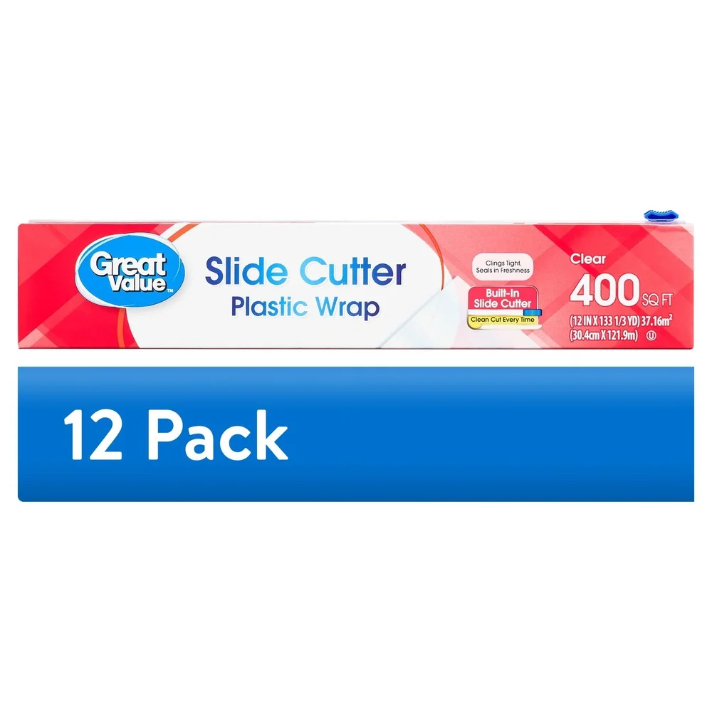 

12 Pack Plastic Wrap with Built-in Slide Cutter 400 sq ft Strong Clear Food Wrap Clings Tight Seals Freshness Clean Cut Ideal