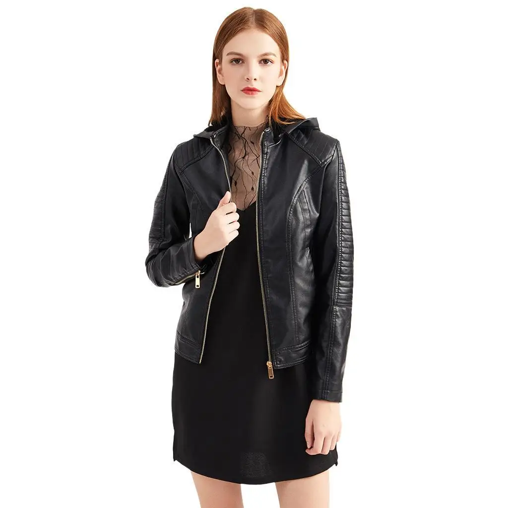 Abrigo corto con capucha de cuero con forro polar para mujer, chaqueta informal cálida, estilo europeo americano, talla grande