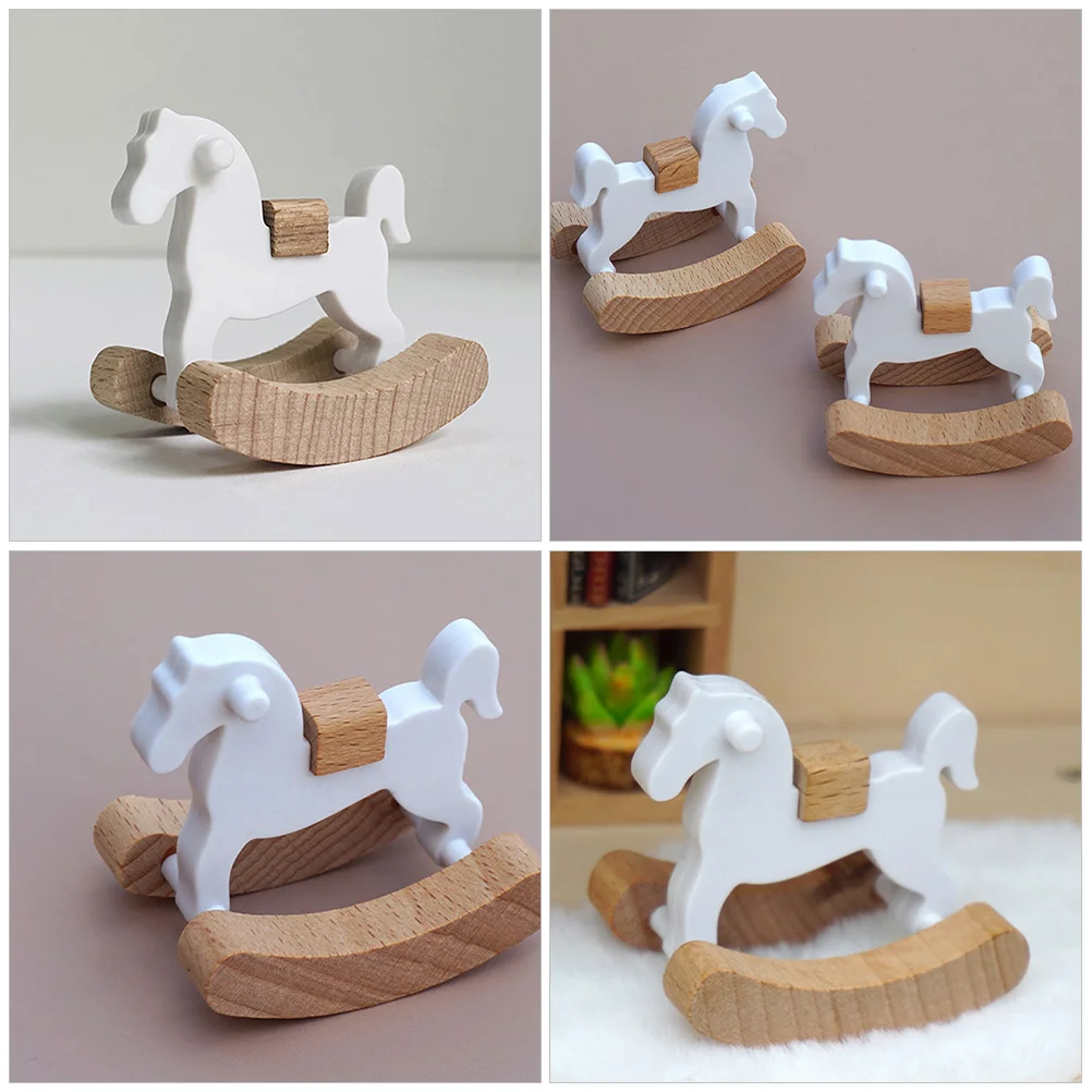 2 Pcs Small Wooden Horse Dollhouse Rocking Chair Furniture Model Wood Pp Mini Accessories