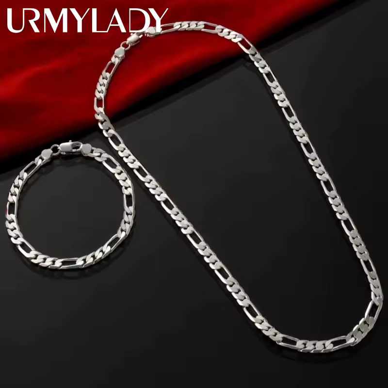 Noble new arrive 925 sterling silver 4MM chain for men Women Bracelet Necklace jewelry set lady Christma gifts charms wedding - Image 2