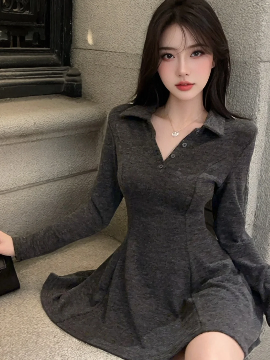 

Fashionable Retro Hot Girl Collared Long Sleeve Slim Fit Waist Cinched A-Line Short Dress Women's Autumn New Style Dress