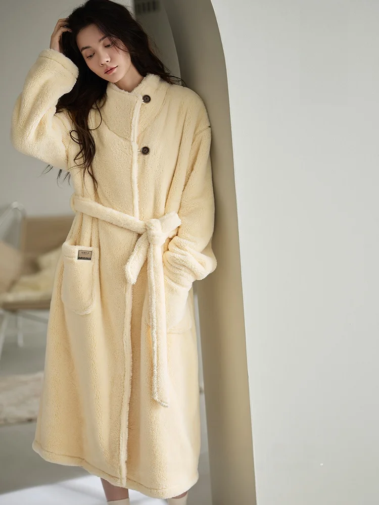 nidia-women's-thiened-coral-fce-spwear-winter-robe-warm-collar-mid-length-home-clothes-outerwear-sweet-sle-button-d