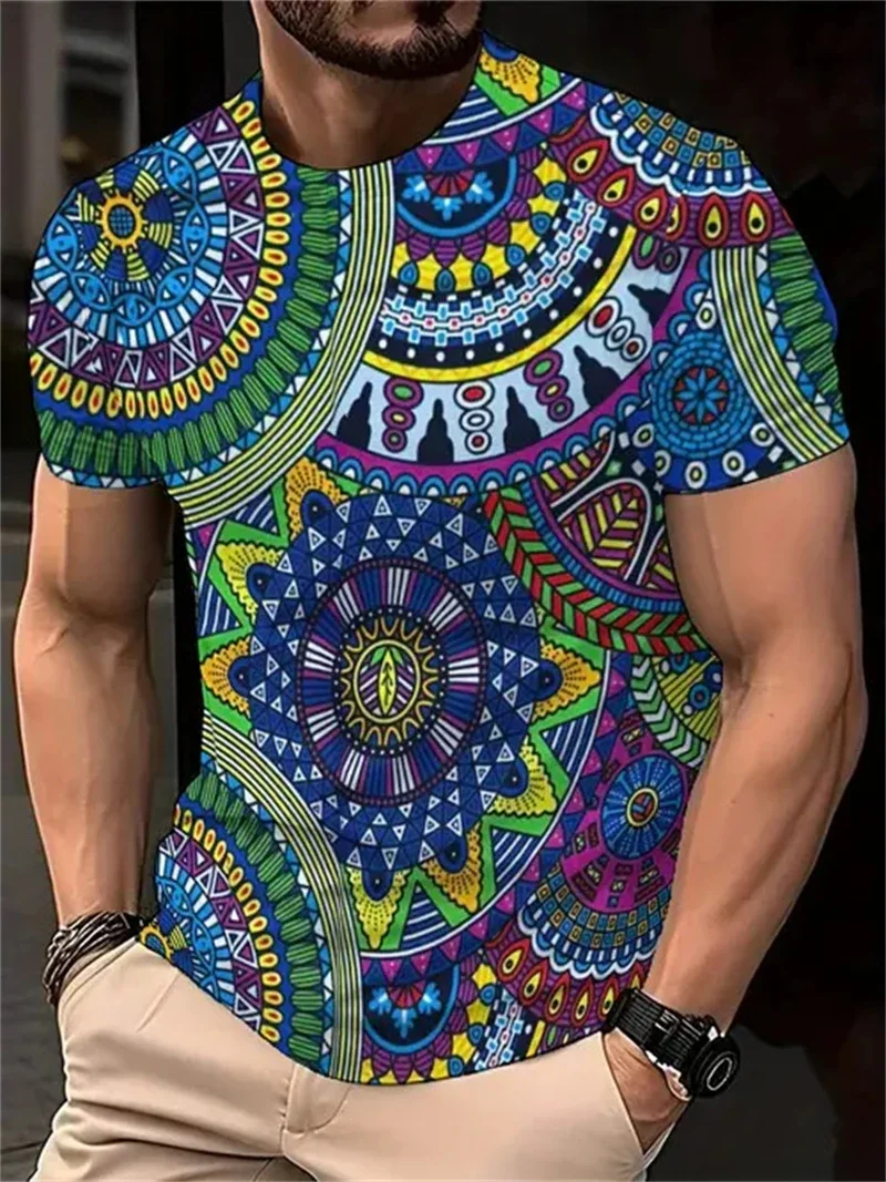 Herren-T-Shirt mit böhmischem Mandala-Print, lässiges Rundhals-Kurzarmshirt, farbenfrohe ethnische Muster-Oberteile für Freizeitoutfits