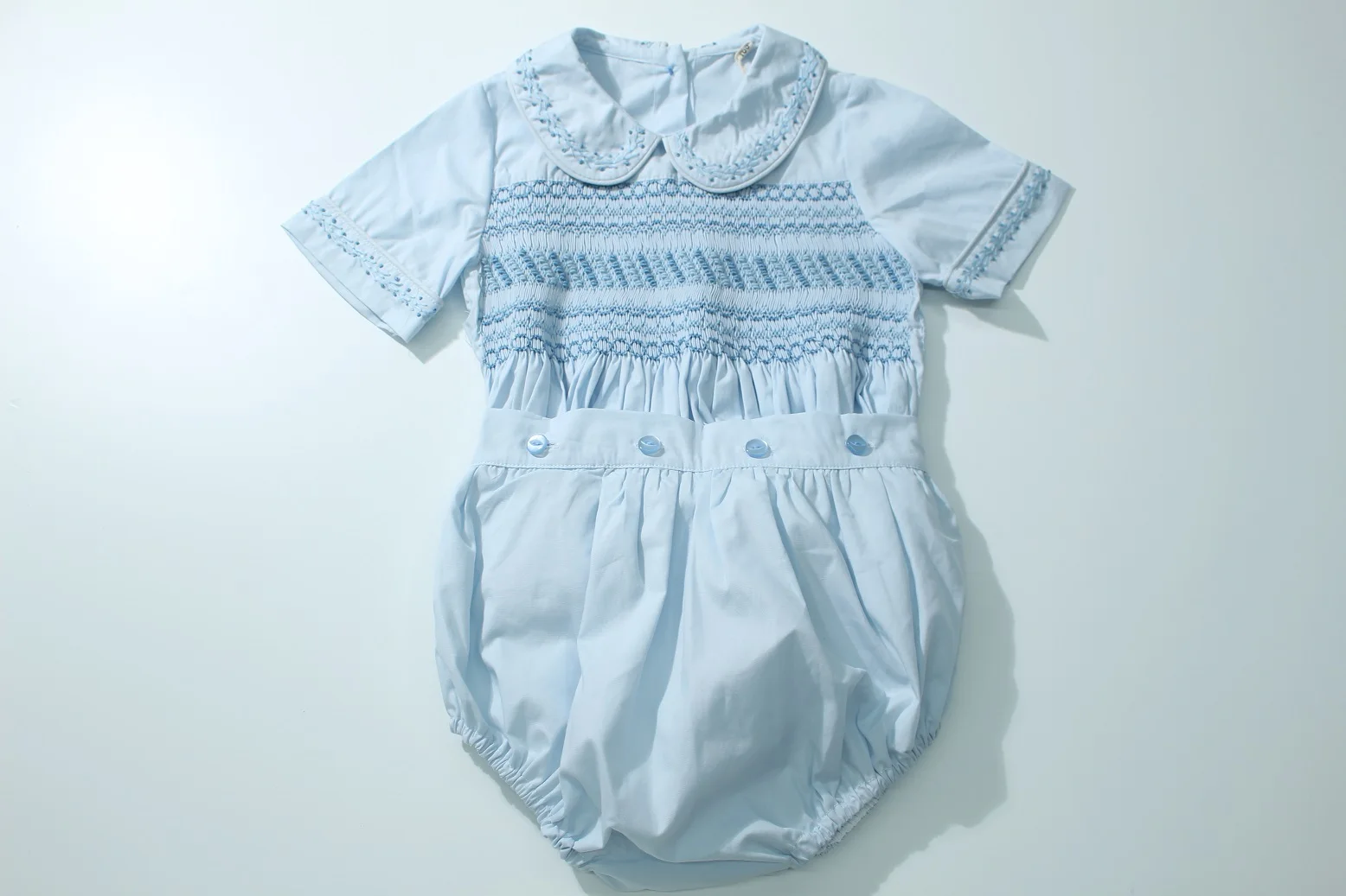 0-6Y Boy Summer Light Blue Smocked White Outfit Suit for Birthday Party Photograph A103