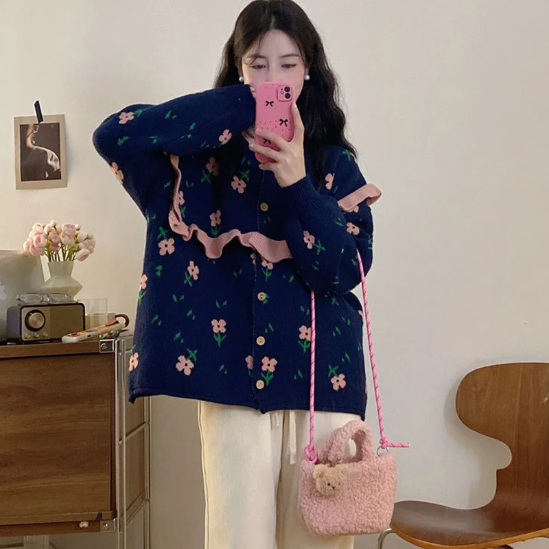 

Nice Winter New Sweet All-match Casual Temperament Loose Sweater Women Clothes Lolita Floral Patchwork Cardigan Knitting To