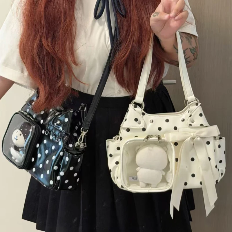 Polka Dot Ita Bag mit transparentem Sichtfenster, Damen-Umhängetasche, japanische Mädchen-Handtasche mit süßer Schleifendekoration. – Detail 4