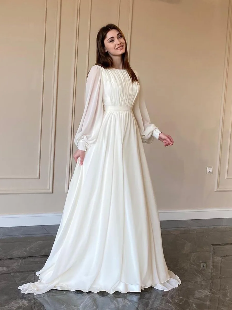 Full Sleeves Wedding Dresses Muslim Chiffon Pleats A line Formal Party Bride Gowns Women Elegant Long Sweep Train Bridal Dress