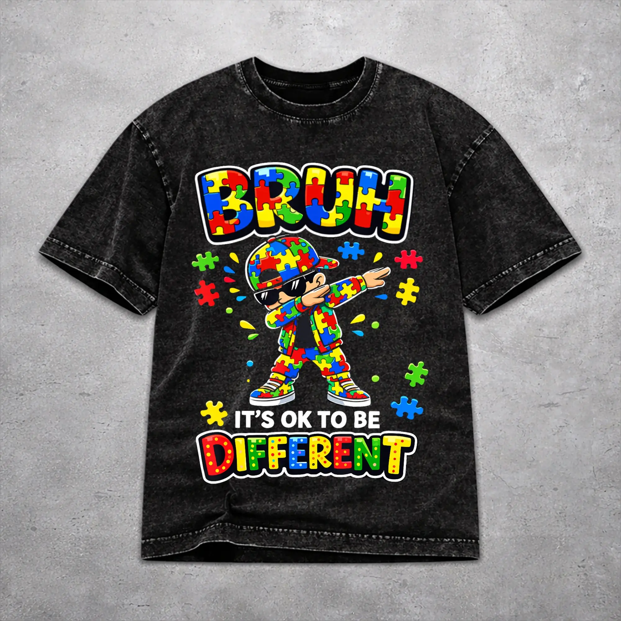 Vintage Dabbing Puzzle Autism Awareness Apparel T Shirt for Men Women  Washed Cotton Tee Shirts Clothing