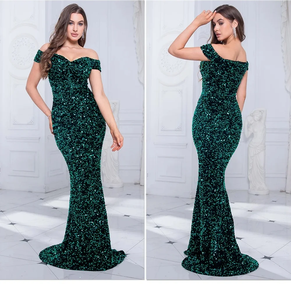 

Women's Romantic Green Off-Shoulder Mermaid Evening Gown Red Stretch Sequin Velvet Angled Collar Floor Length Luxurious Party