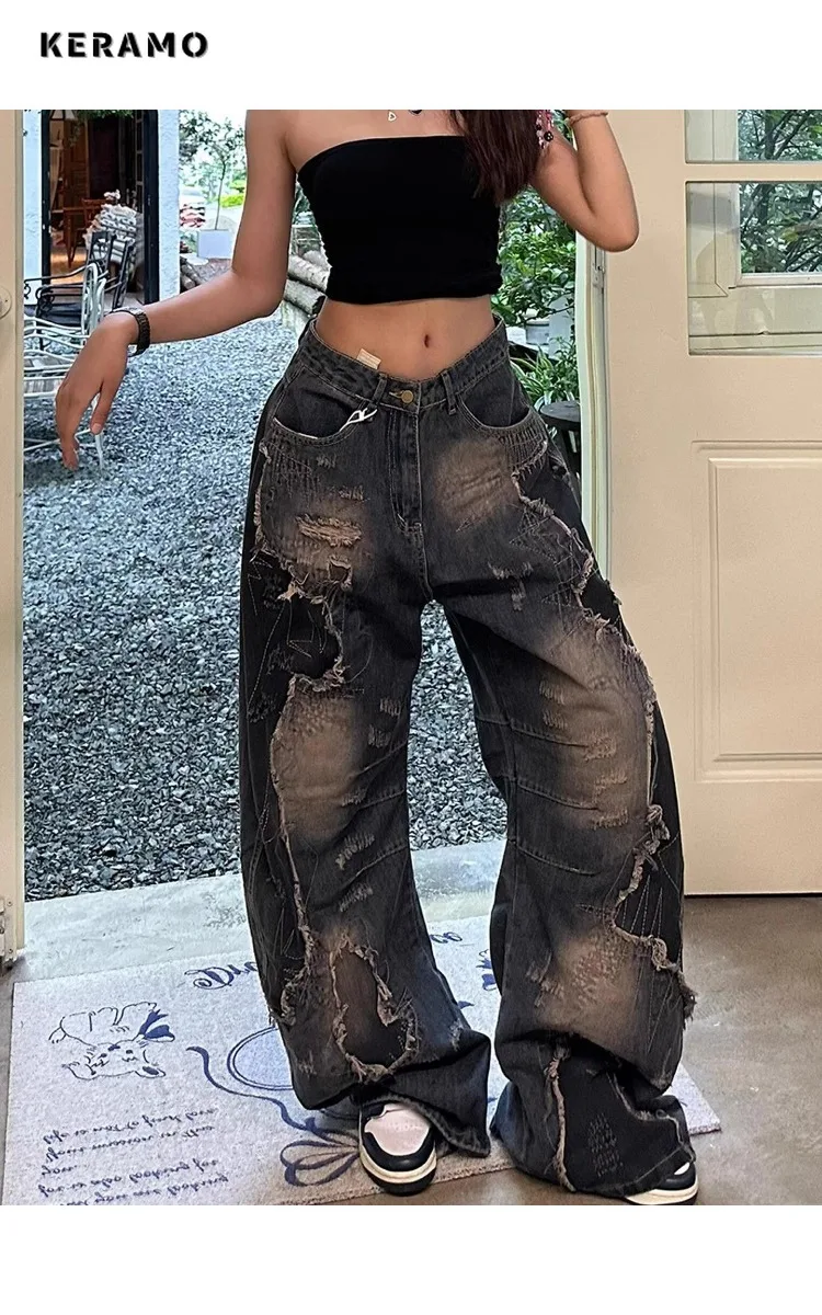 

Женские уличные брюки в стиле гранж Y2K Harajuku, потертые повседневные джинсовые брюки 2000-х годов, американские винтажные эклектические потертые джинсы Waif