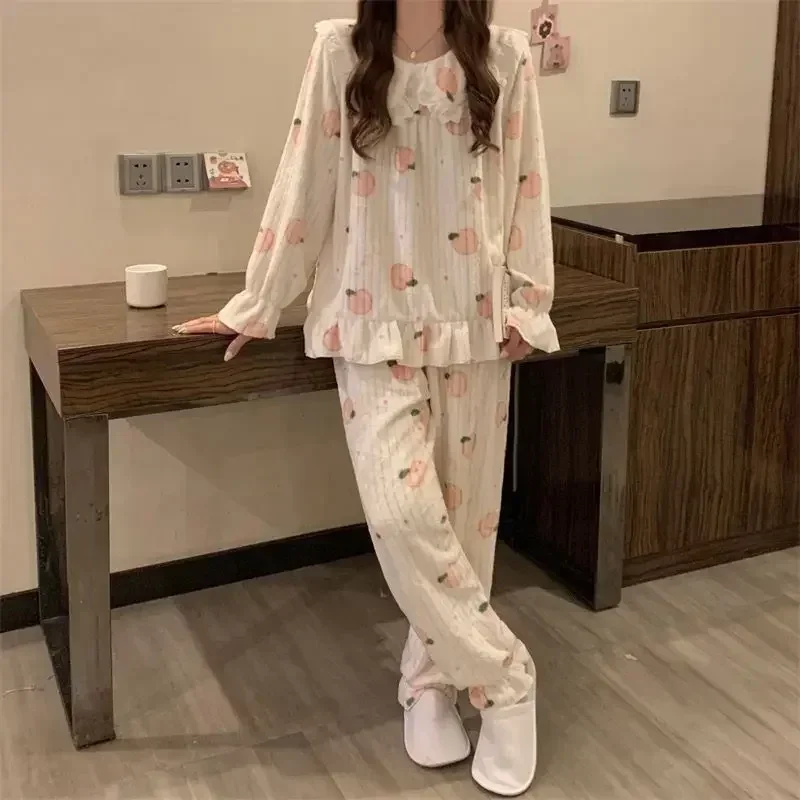 Ruffles Pajamas for Women Autumn Winter Peter Pan Collar Ruffle Sleeve Pajama Top and Elastice Waist Pants 2 Pcs Pajama Sets