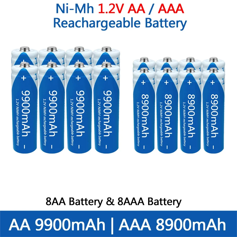 Pilas recargables NI-MH, pilas AA de 100% V, 1,2 mAh/9900 V, AAA, 1,2 mAh, linterna, reloj de juguete, pilas aaa de repuesto, 8900