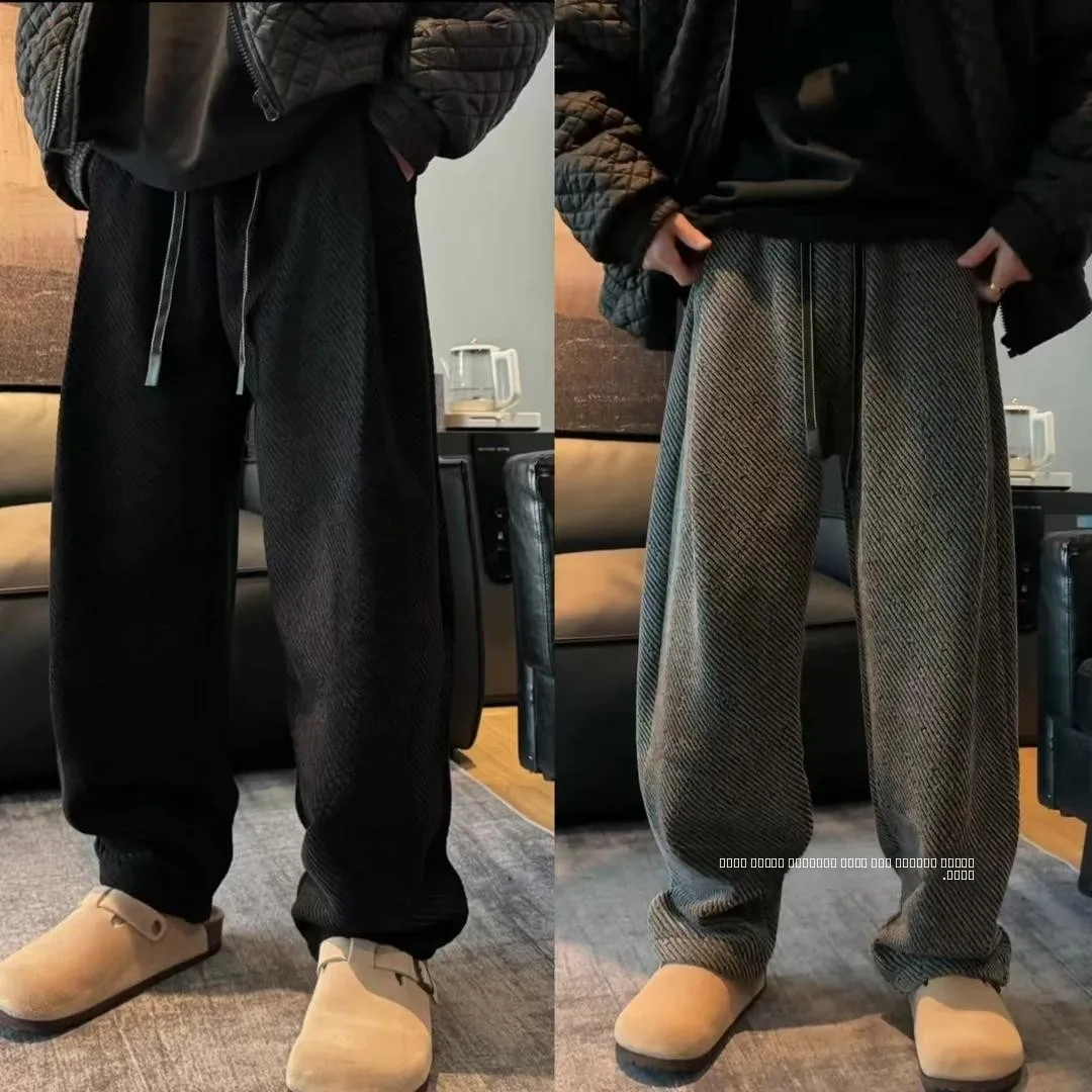 

Autumn Winter Thiened Lazy Sle Men's Casual Pants with Fce Loose Straight Tube Long Trousers Faionable All-Match