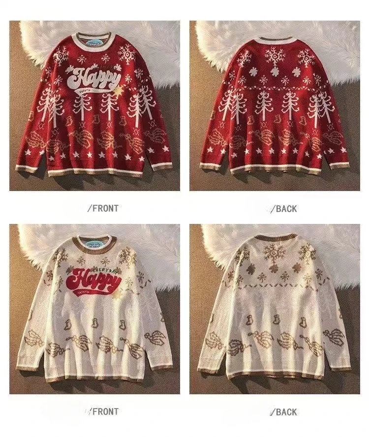 2000s Fashion Sweater Christmas And Winter Embroidery Color Matching Retro Loose Casual Harajuku Couples For Men And Women