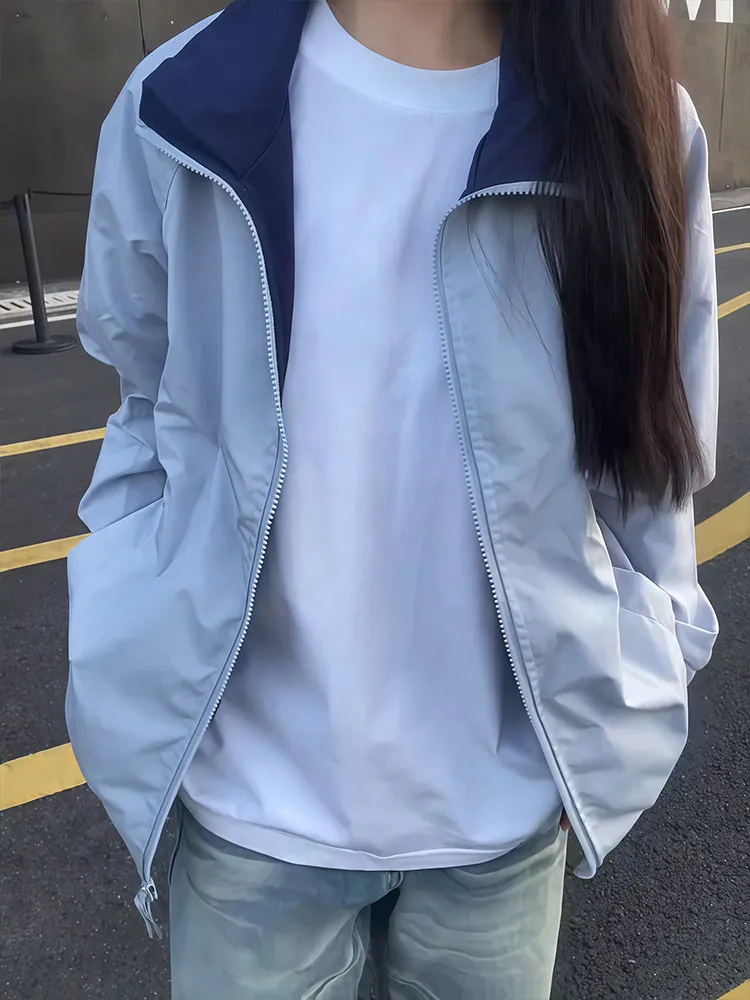 Tian Blue Color Block Contrast Color Men's Spring Autumn Vintage Trendy Flight Jacket Couple's Simple Stand Collar down Jacket