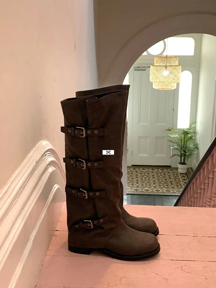 

Высокие сапоги с регулируемым ремнем для женщин, корейские послеоперационные ботинки с большим цилиндрическим запахом Thi Leg Boots