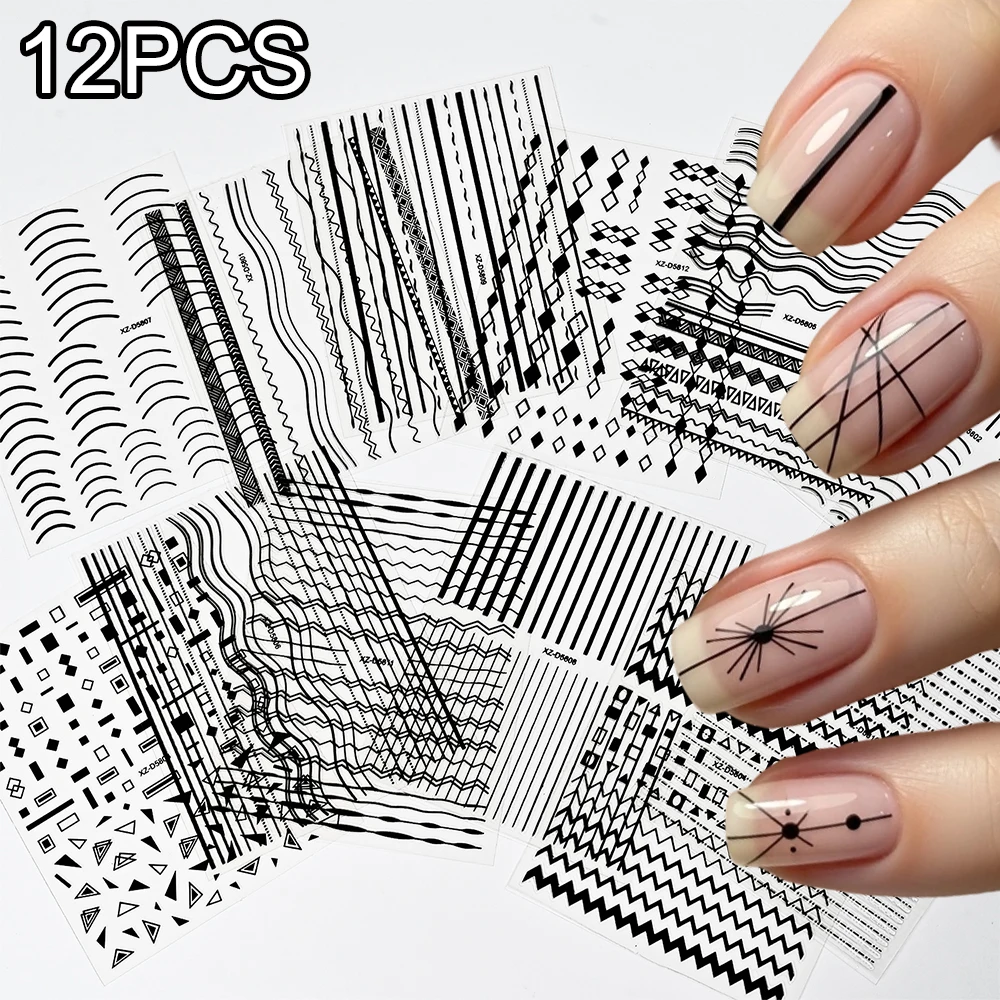 12pcs Black Line Nail Stickers Minimalist Geometric Dot Wave Stripe Triangle Rhombus French Line Self-Adhesive Nail Art Decals