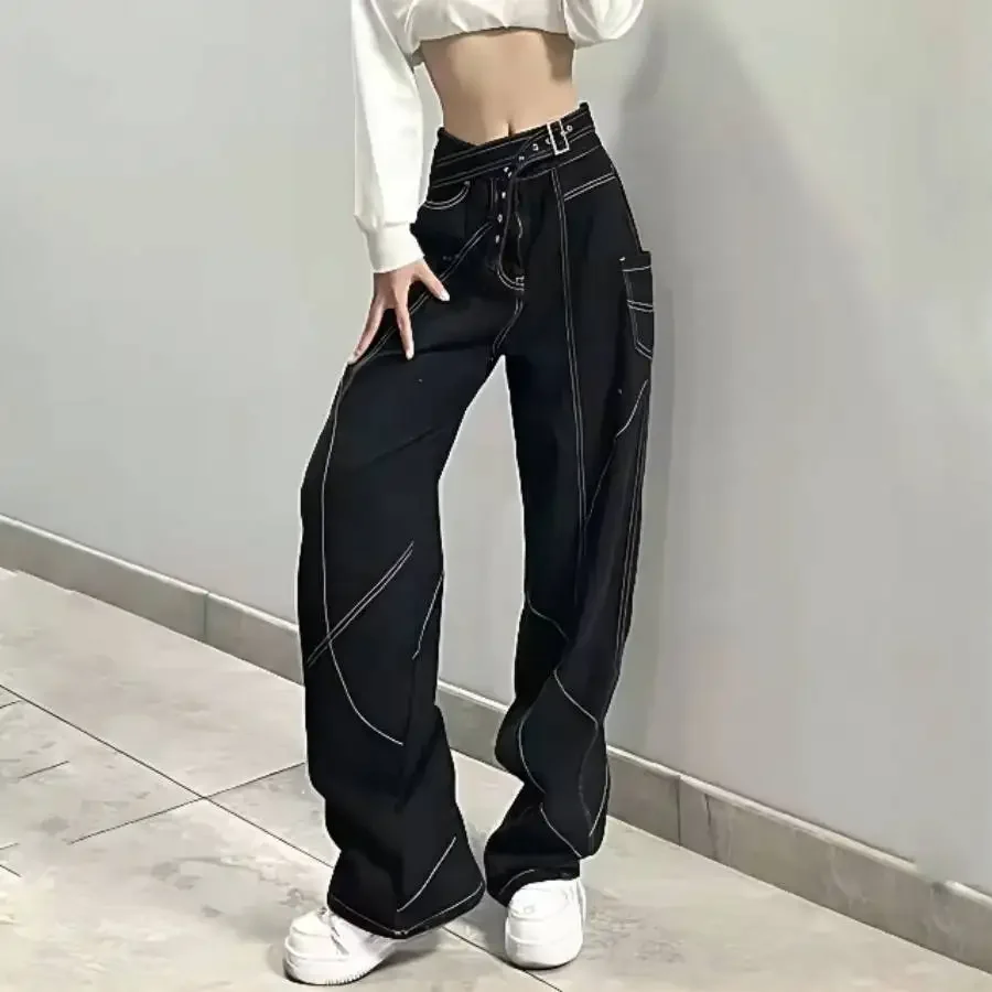 Women Jeans Belt Pockets Mid Waist Solid Denim Zipper Fly Flat Wide Leg Pants Design Winter High Street Loose Individual