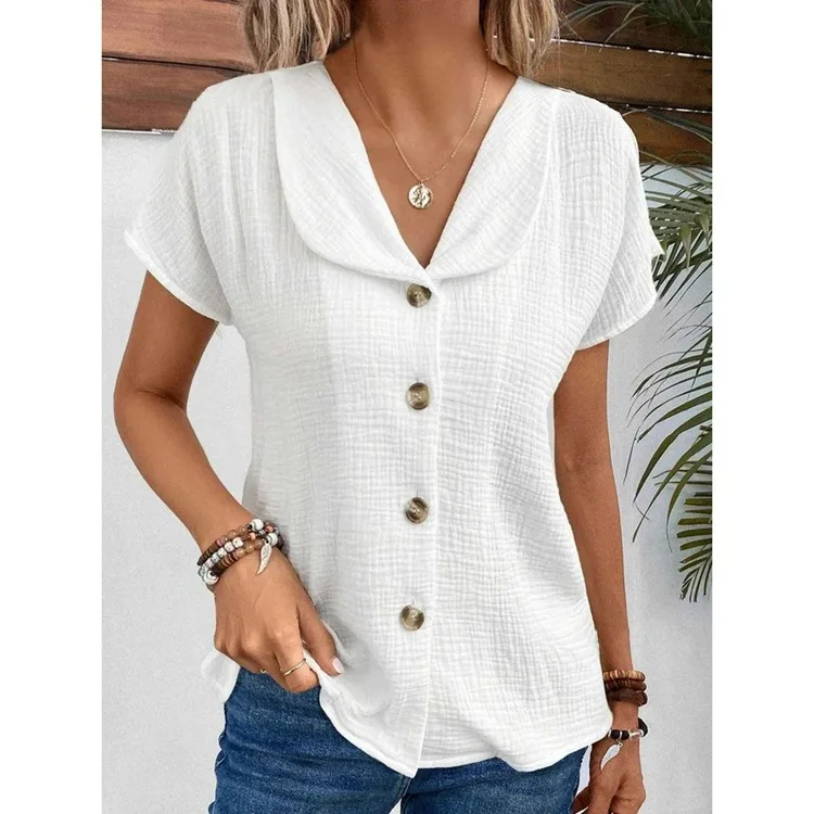 2026 Arrival Women's Solid Color Lapel V Neck Short Sleeve Front Button Loose Casual Blouse Comfort Trendy Versatile Daily Top