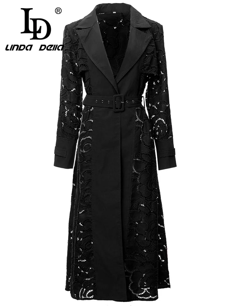 LD LINDA DELLA New Style Italian Luxury Coat Women\'s Orange Lapel Embossed hollow Elastic Waist Individuality Long Trench coat