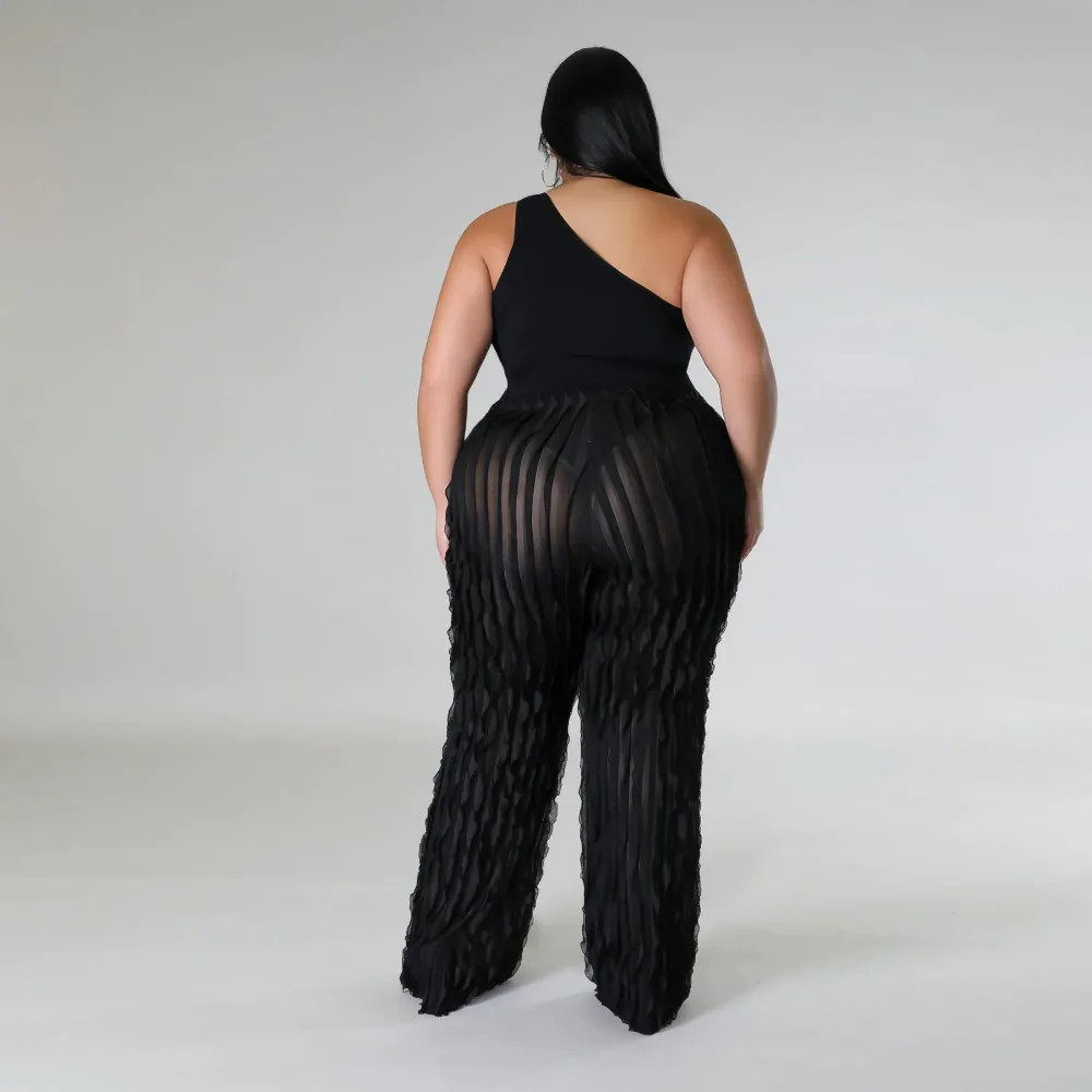 SOMO Plus Size Street Women Solid Color Stringy Selvedge Mesh Wave Pattern See-through Wide Leg Trousers Wholesale Dropshipping