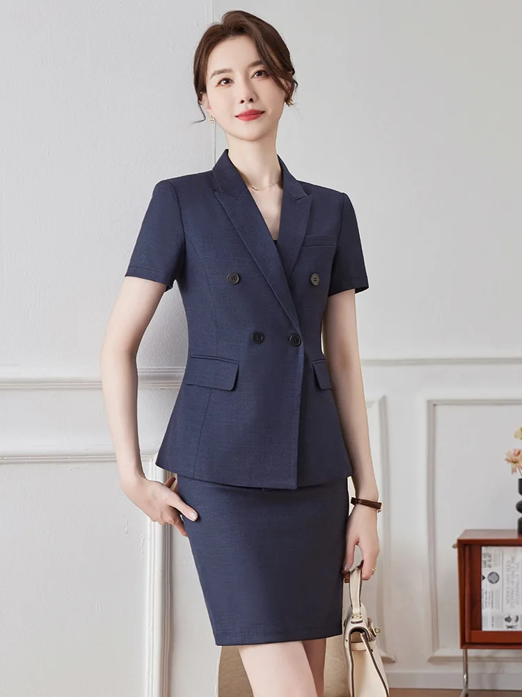 Short-sleeved dark gray suit for women, summer professional attire for jewelry stores, gold shops, hotel front desk workwear