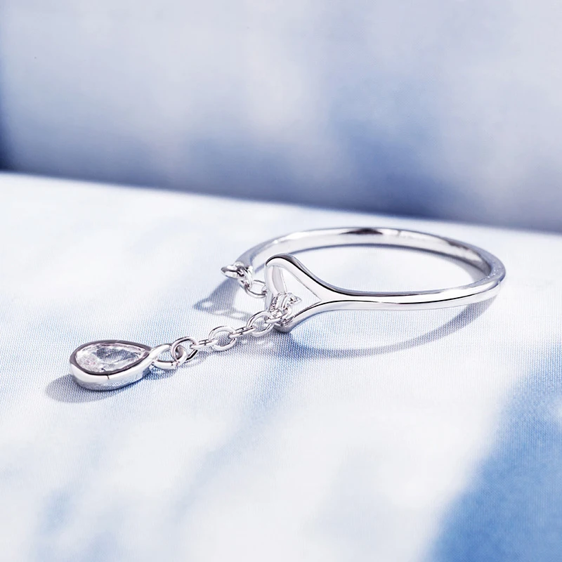Hot Sale Fashion AAA Zircon Waterdrop Pendant Chain Rings 925 Sterling Silver Adjustable Heart Ring For Women&Girl Jewelry Gift