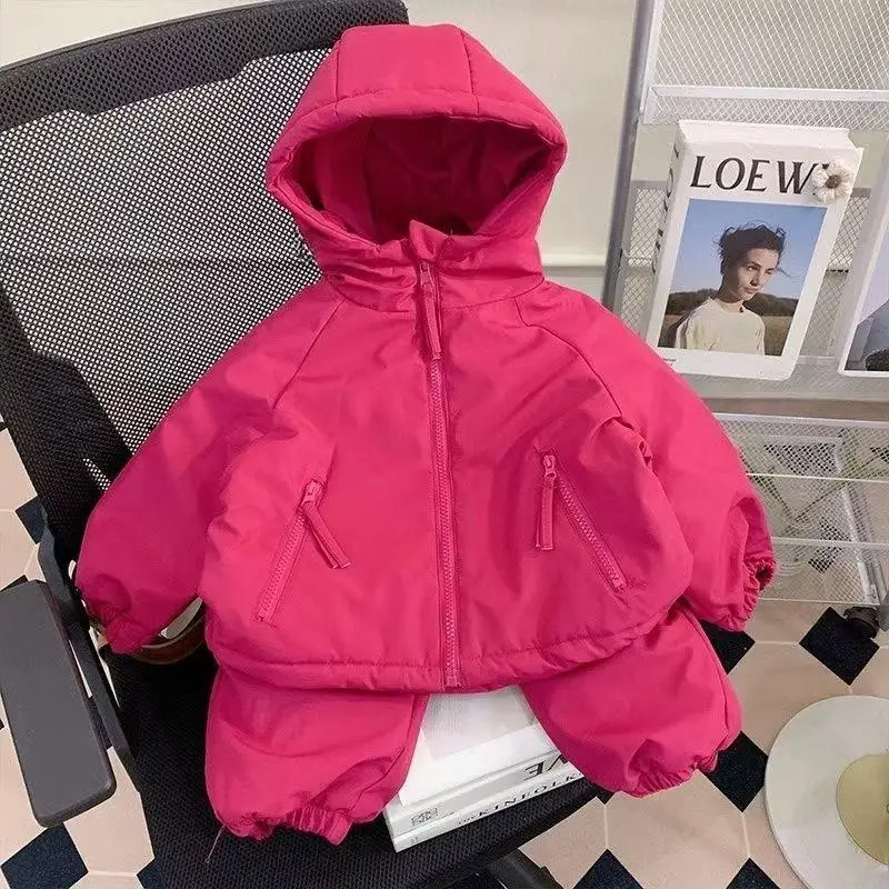 Girls' Autumn and Winter Set New Collection Children's Fashion Plush Thick Hooded Jacket+Pants Two Piece Seand
