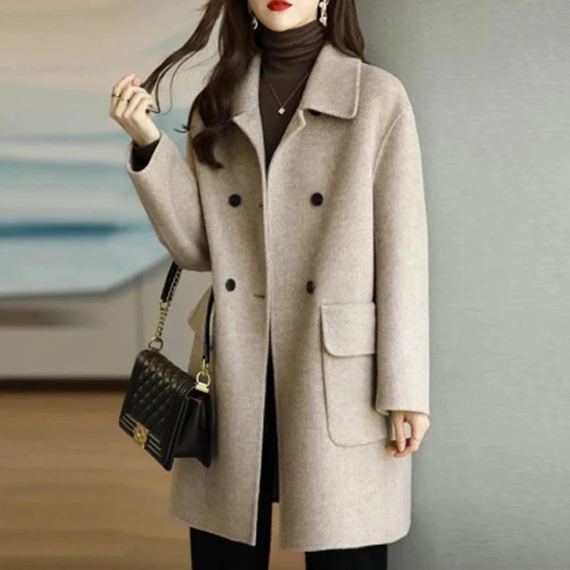 Women's long sleeved girl coat with smooth colors paired with suit collar and double button long coat for autumn novelty