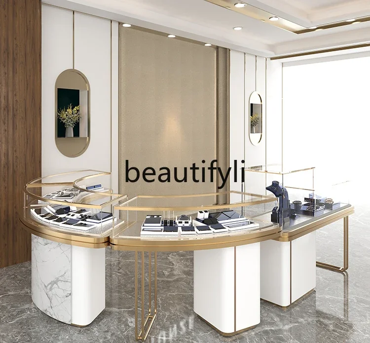 Jewelry Display Cabinet High-end Arc Jewelry Gold Luxury Exhibition Hall Jade Stainless Steel Round Nakajima Terrace